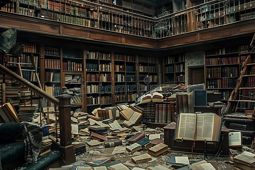 libros-de-biblioteca-abandonados-dispersos-estanterías-polvorientas-volúmenes-antiguos-356516351